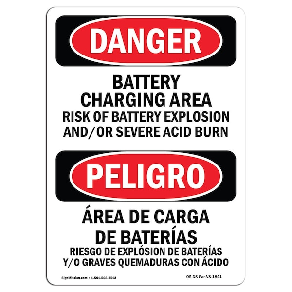 Safety Sign, OSHA Danger, 5" Height, Battery Charging Area Risks Bilingual Spanish, 10PK